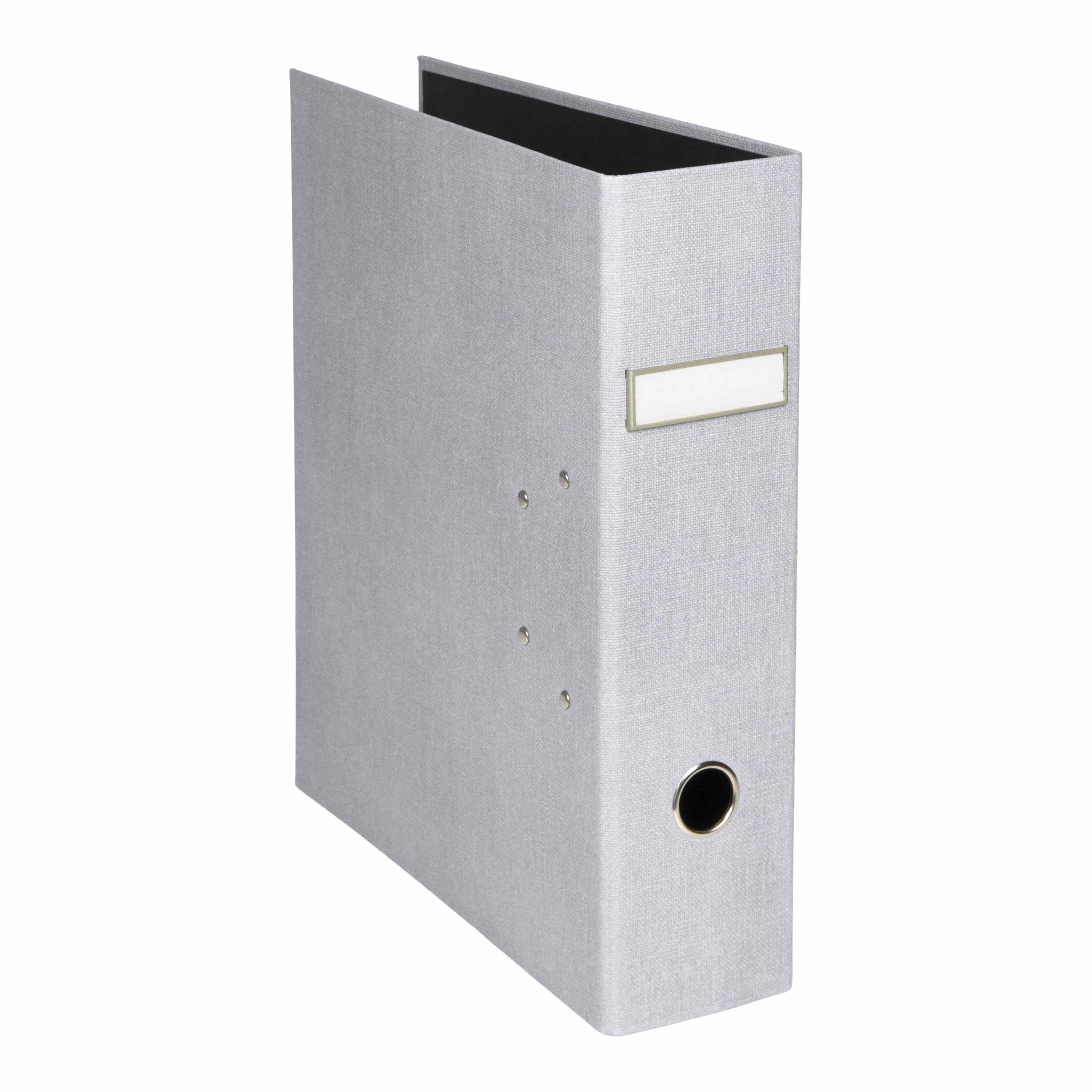 Der Artoz Papier AG Ordner A4 in Grau verfügt über Leinenoptik, ein metallverstärktes Griffloch und ein Blanko-Rückenschild - ideal für Ihr Home Office. Abgebildet aufrecht stehend auf weißem Hintergrund.