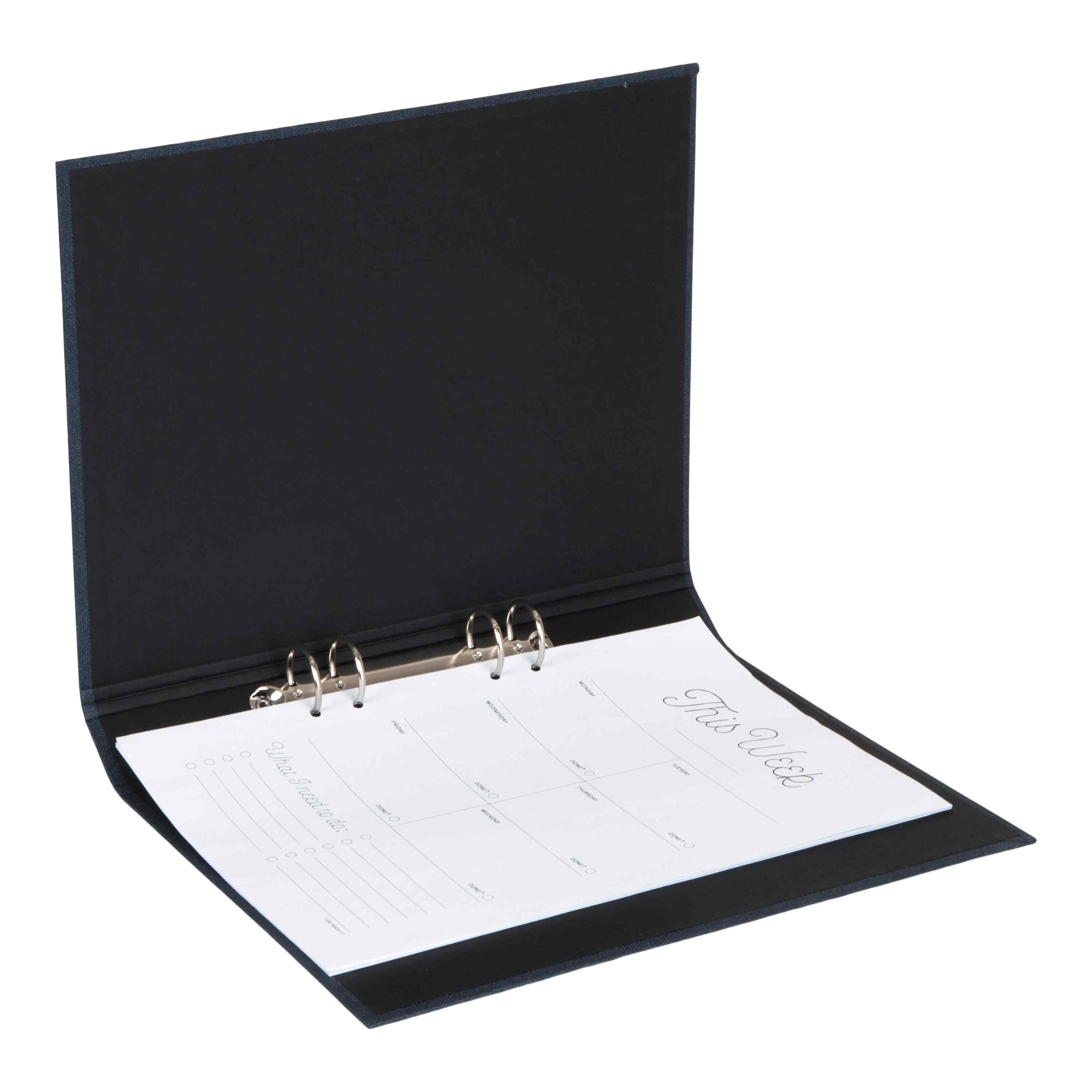 Une feuille ouverte d'Artoz Papier AG A4 Ordner schmal en Leinenoptik noir montre une feuille de notes à faire avec un agenda hebdomadaire et des notes lignées - idéal pour tout Home-Office-Ausstattung.