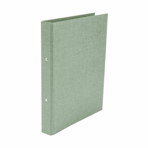 Un Ordner schmal A4 vert clair d'Artoz Papier AG avec couverture rigide et Leinenoptik se tient debout, sa couverture avant légèrement ouverte pour montrer les anneaux en métal. Cette reliure simple est idéale pour tout Home-Office-Ausstattung.