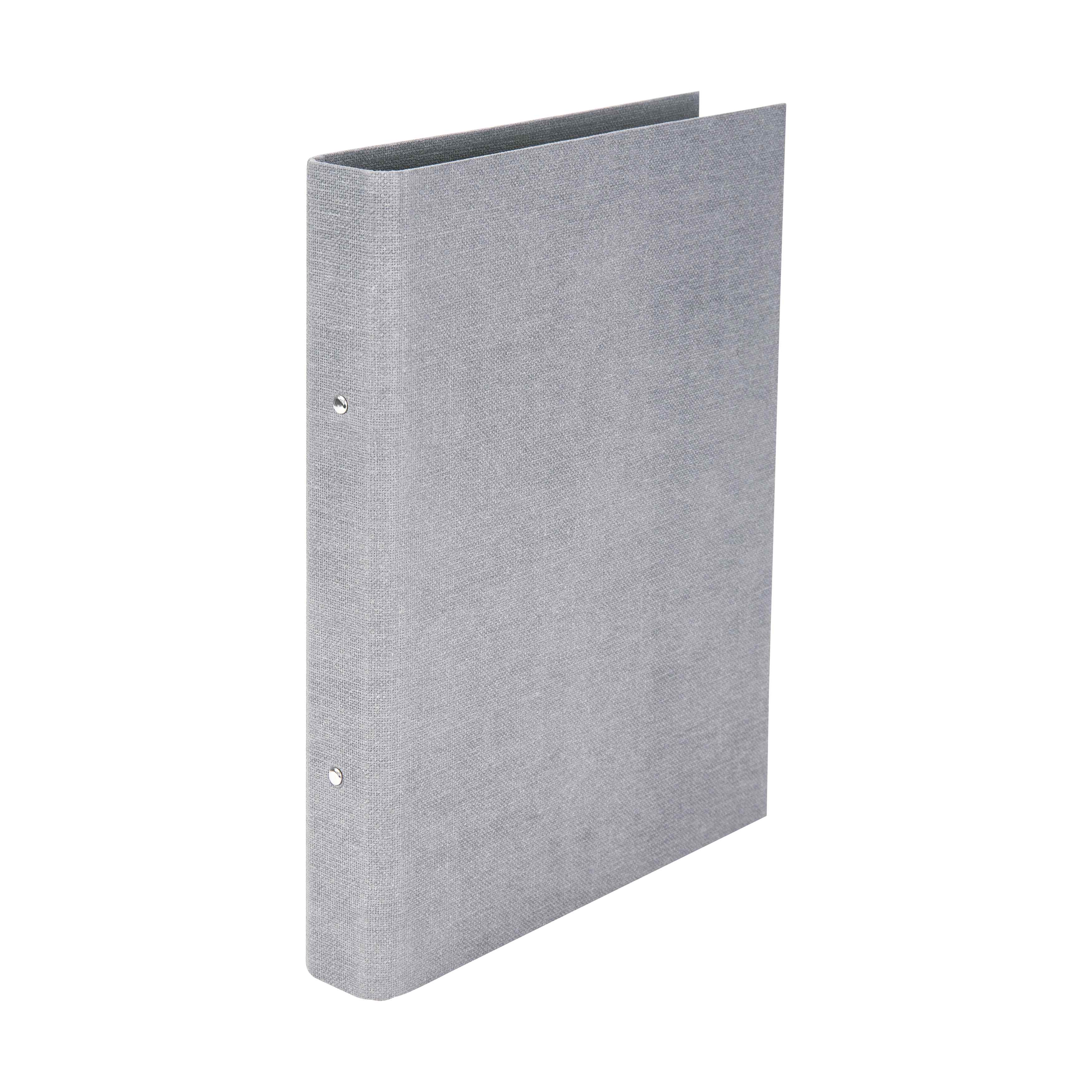 L'Artoz Papier AG A4 Ordner schmal in Leinenoptik, gris et texturé, se tient droit sur un fond blanc, légèrement ouvert pour montrer le dos et la couverture - idéal pour votre Home-Office-Ausstattung.