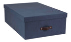 La boîte rectangulaire Aufbewahrungsbox d'Artoz Papier AG en Leinenoptik bleu foncé est dotée d'un couvercle ajusté et d'une poignée en cuir marron - idéale pour une organisation élégante du bureau à domicile.