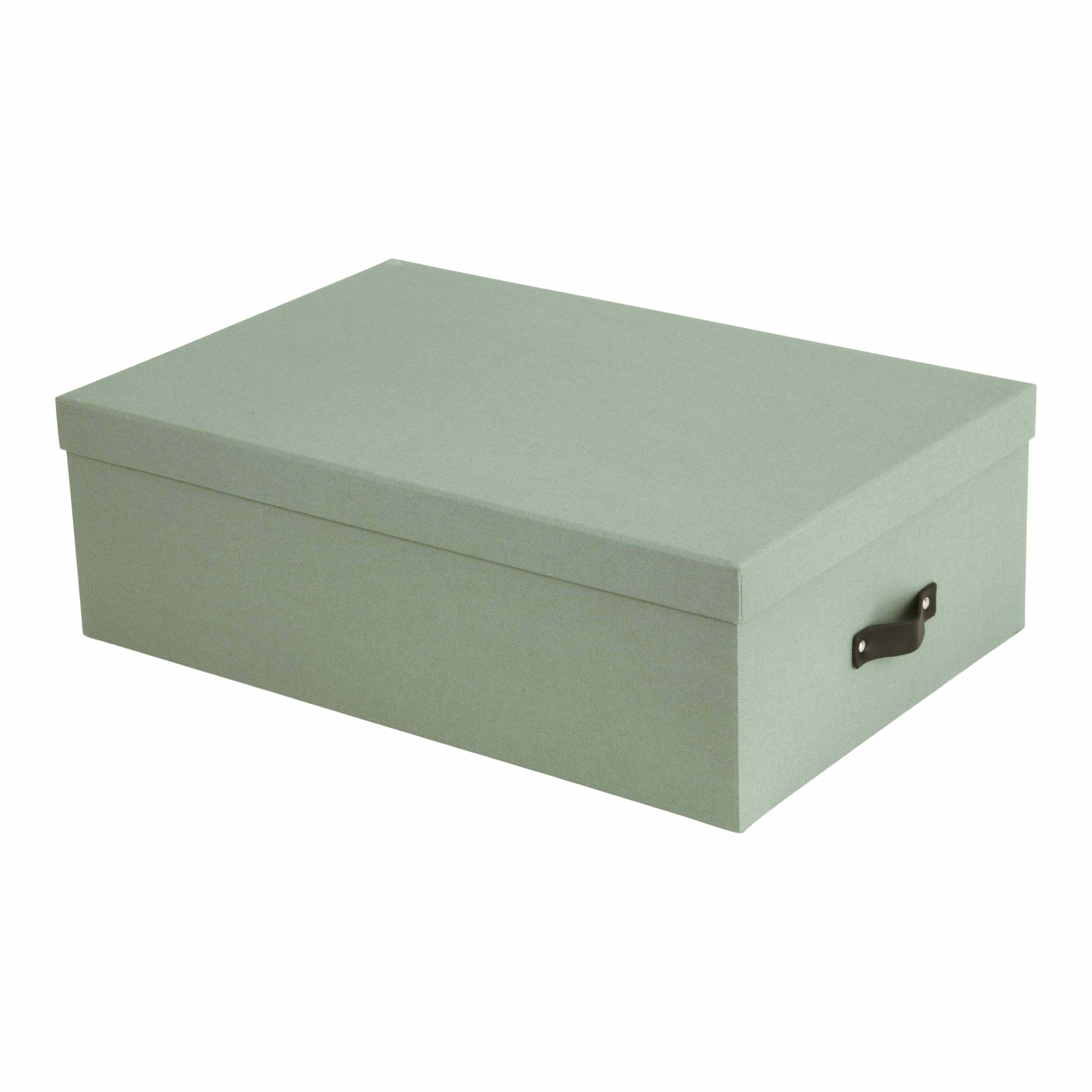 La boîte rectangulaire Aufbewahrungsbox d'Artoz Papier AG présente un aspect lin gris-vert clair, un couvercle ajusté et une poignée latérale noire. Elle est parfaite pour un rangement élégant au bureau à domicile.
