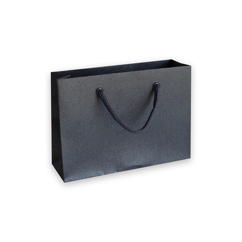Un « Geschenk Tragtasche Pure M » noir mat de la marque Artoz Papier AG, doté de deux anses en corde noire, est présenté sur un fond blanc.