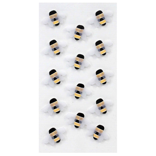 Quinze autocollants Artoz 3D "Biene" d'Artoz Papier AG sont disposés en rangs bien ordonnés sur un fond blanc. Chaque autocollant présente une tête noire, un corps rayé noir et jaune et des ailes blanches dans un charmant design suisse.