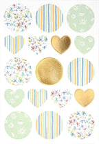 Der Artoz Sticker "Mixed Frühling" der Artoz Papier AG zeigt Kreise und Herzen in Blumen-, Streifen- und Goldmustern auf Weiß mit Pastellgrün, Blau, Gelb und Gold - ideales Bastelzubehör für Ihre Frühlingsbasteleien.