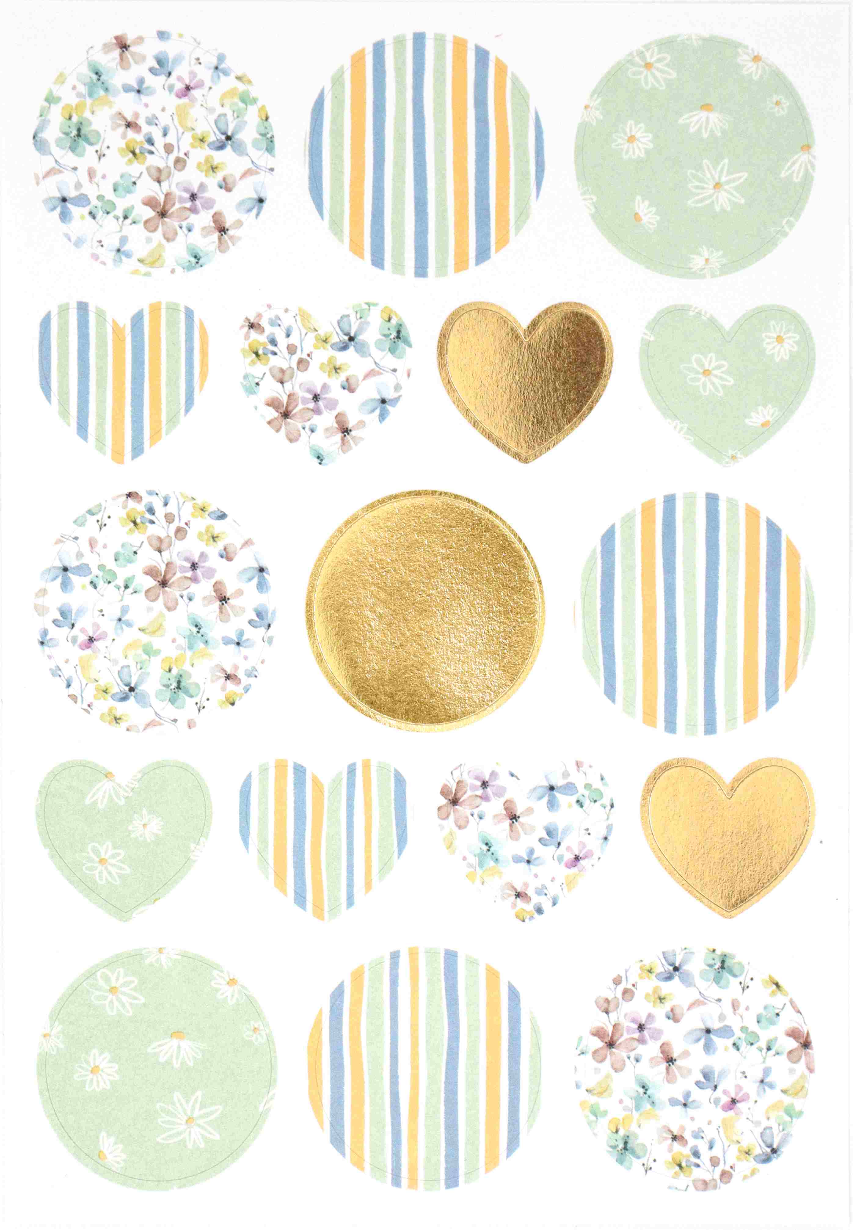 L'autocollant "Mixed Frühling" d'Artoz Papier AG présente des cercles et des cœurs à motifs floraux, rayés et dorés sur fond blanc, avec des couleurs vertes, bleues, jaunes et dorées pastel - un Bastelzubehör idéal pour vos travaux manuels de printemps.