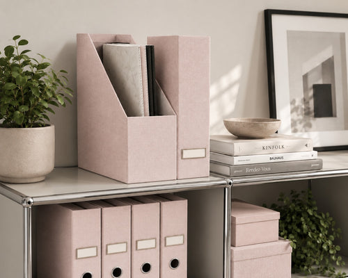 Une étagère soigneusement agencée, sur laquelle sont disposés des porte-revues Artoz Papier AG 2er Stehsammler roses, des boîtes, des classeurs, une plante en pot verte, des livres empilés, un bol et une œuvre d'art abstrait encadrée, crée une ambiance minimaliste et élégante de bureau à domicile.