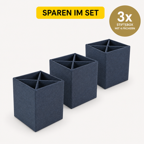 Trois étuis à stylos en tissu bleu "Artoz Papier AG" (3er Set Stiftehalter blau), comportant chacun 4 compartiments, sont disposés en rangée. Un cercle jaune indique "3x Stiftebox mit 4 Fächern". Texte du haut : Sparen im Set - perfekte Home-Office-Ausstattung.