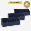 Trois 3er Set Tisch Organisator bleus d'Artoz Papier AG sont disposés en rangée. Idéal pour l'organisation de votre bureau à domicile. Une étiquette jaune indique SPAREN IM SET, et un badge rond indique 3x Aufbewahrungsbox mit Fächern.
