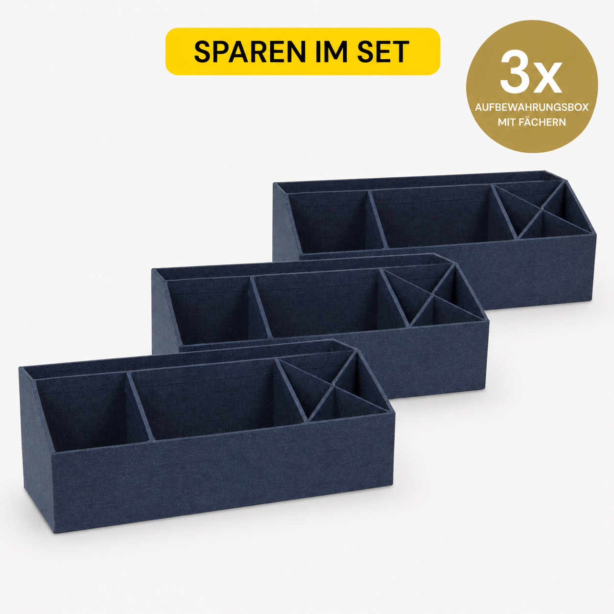 Trois 3er Set Tisch Organisator bleus d'Artoz Papier AG sont disposés en rangée. Idéal pour l'organisation de votre bureau à domicile. Une étiquette jaune indique SPAREN IM SET, et un badge rond indique 3x Aufbewahrungsbox mit Fächern.
