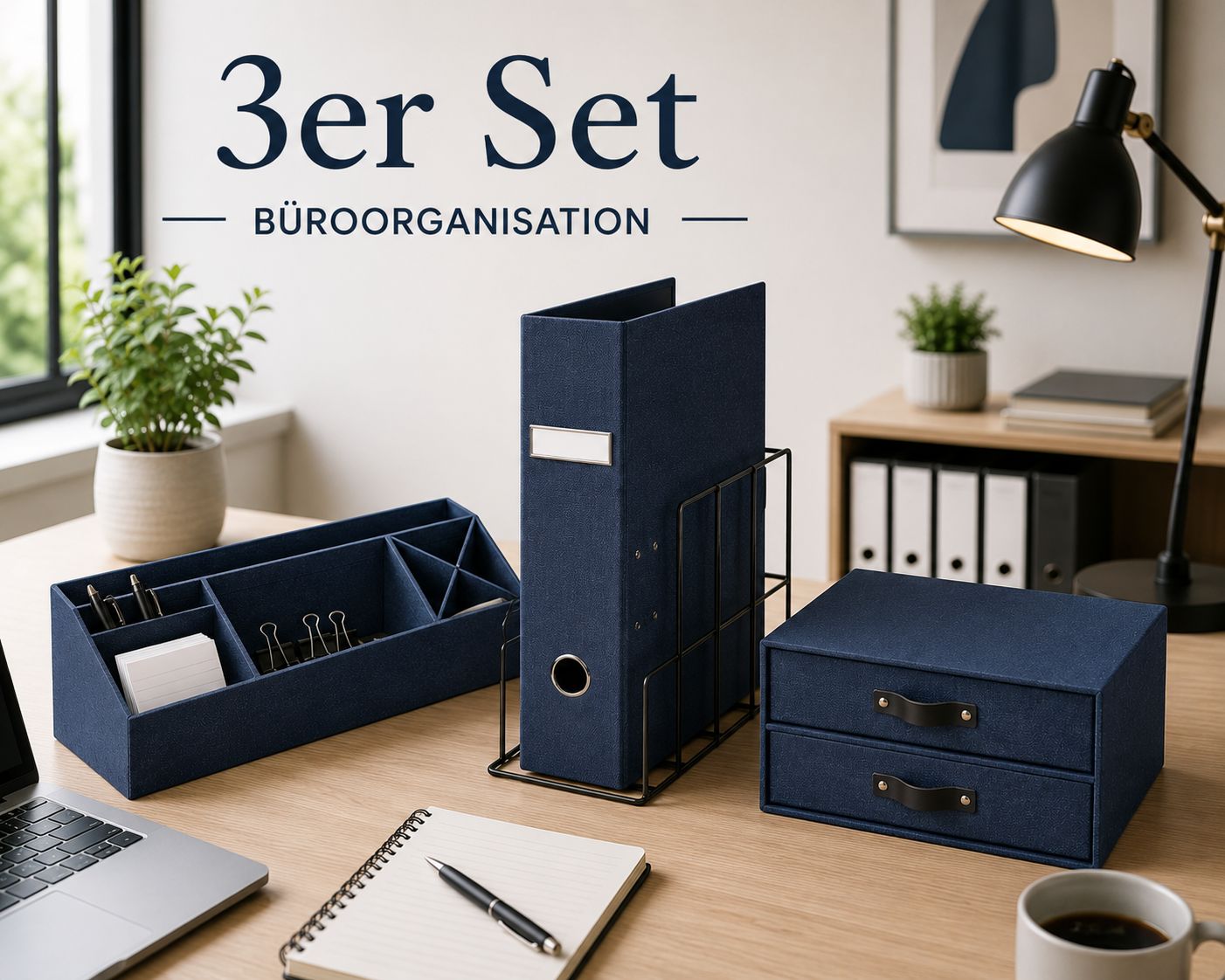 Moderner Arbeitsplatz mit dem „3er-Set Büro-Organisation blau“ von Artoz Papier AG: bestehend aus einem Schreibtisch-Organizer, einem Aktenhalter, einer Aufbewahrungsbox mit Schubladen und einer Ablage in Blau. Der Text darüber lautet „3er-Set Büro-Organisation“. Die Lampe, der Laptop und die Pflanze im Hintergrund schaffen eine perfekte Umgebung für eine effiziente Büro-Organisation im Homeoffice.