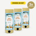 Trois poppers Artoz Papier AG Tischbombe ohne Feuer "Happy Birthday" 3er Set avec des motifs festifs. Une bannière jaune indique SPAREN IM SET, et un cercle doré indique 3x TISCHBOMBE DIY - sichere Tischbombe für deine Party !.
