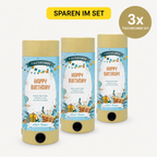 Trois poppers Artoz Papier AG Tischbombe ohne Feuer "Happy Birthday" 3er Set avec des motifs festifs. Une bannière jaune indique SPAREN IM SET, et un cercle doré indique 3x TISCHBOMBE DIY - sichere Tischbombe für deine Party !.