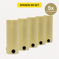 Fünf goldene, zylindrische Tischbomben ohne Feuer - "DIY" 5er Set Behälter der Artoz Papier AG, jeweils mit einem schwarzen Knopf, sind in einer Reihe angeordnet. Darüber befindet sich ein gelbes Etikett "SPAREN IM SET" und ein Kreis mit der Aufschrift "5x TISCHBOMBE DIY" auf weißem Grund.