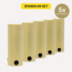 Fünf goldene, zylindrische Tischbomben ohne Feuer - "DIY" 5er Set Behälter der Artoz Papier AG, jeweils mit einem schwarzen Knopf, sind in einer Reihe angeordnet. Darüber befindet sich ein gelbes Etikett "SPAREN IM SET" und ein Kreis mit der Aufschrift "5x TISCHBOMBE DIY" auf weißem Grund.
