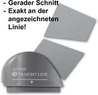 Ein graues Artoz Papier AG Lineal Schneideset 7-teilig mit zwei Stücken geschnittenen grauen Papiers. Deutscher Text oben: "Gerader Schnitt - Exakt an der angezeichneten Linie! Perfekt mit Schneiderollen oder Schneidematte kombinierbar.