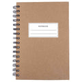 Notizbuch A5 à couverture rigide et à spirale de couleur marron, avec des pages lignées, fabriqué par Artoz Papier AG. L'étiquette blanche de la couverture affiche "NOTEBOOK" et comprend deux lignes vierges pour des notes personnelles.