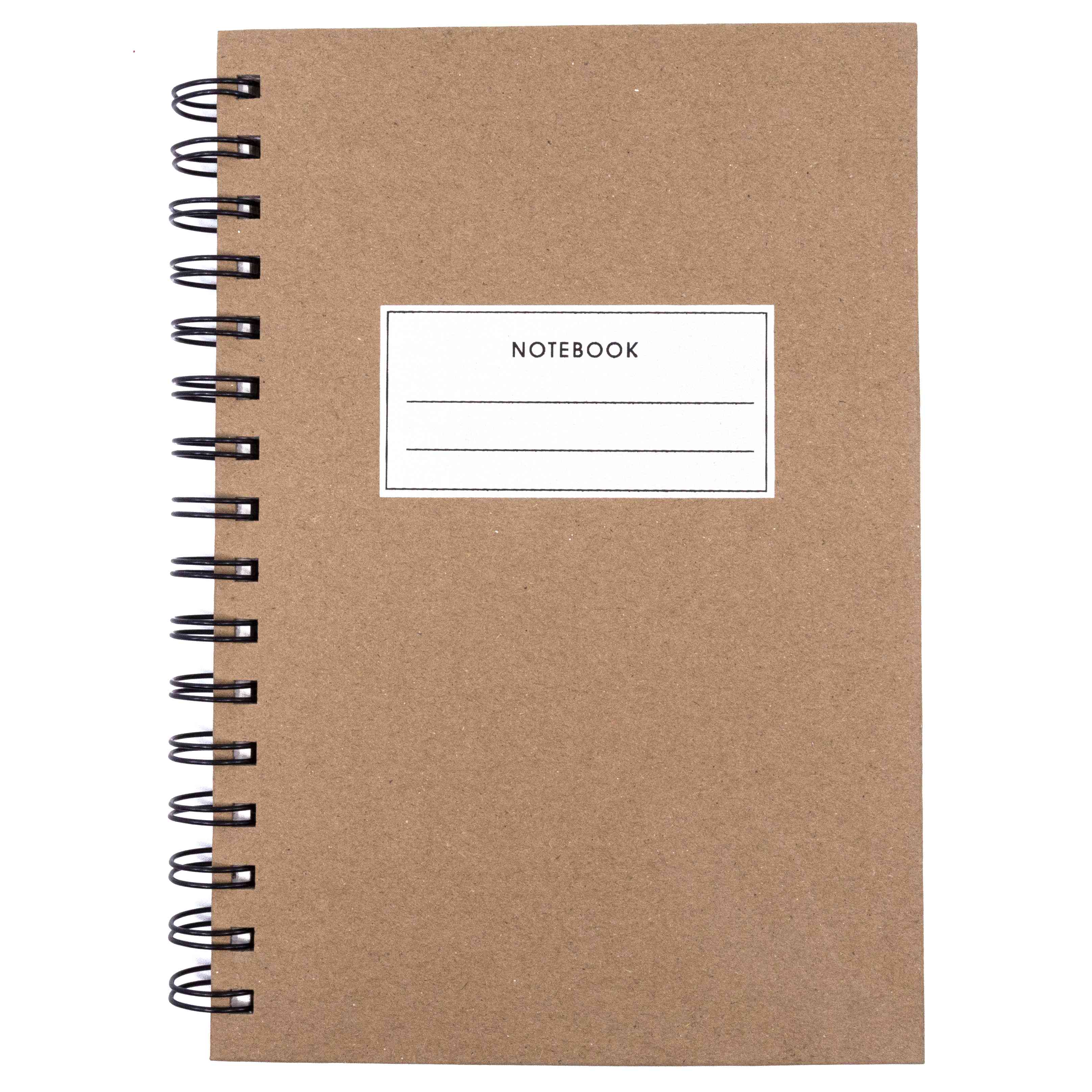 Notizbuch A5 à couverture rigide et à spirale de couleur marron, avec des pages lignées, fabriqué par Artoz Papier AG. L'étiquette blanche de la couverture affiche "NOTEBOOK" et comprend deux lignes vierges pour des notes personnelles.