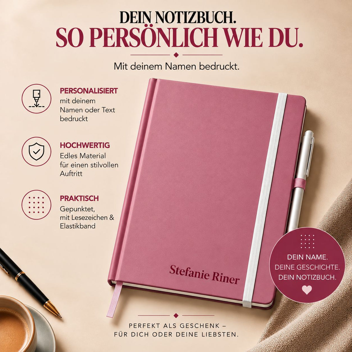 Un carnet A5 rose poudré personnalisé avec le nom Stefanie Riner et un texte, muni d'un élastique blanc et d'un stylo à bille assorti, le tout accompagné d'un texte promotionnel sur la personnalisation.