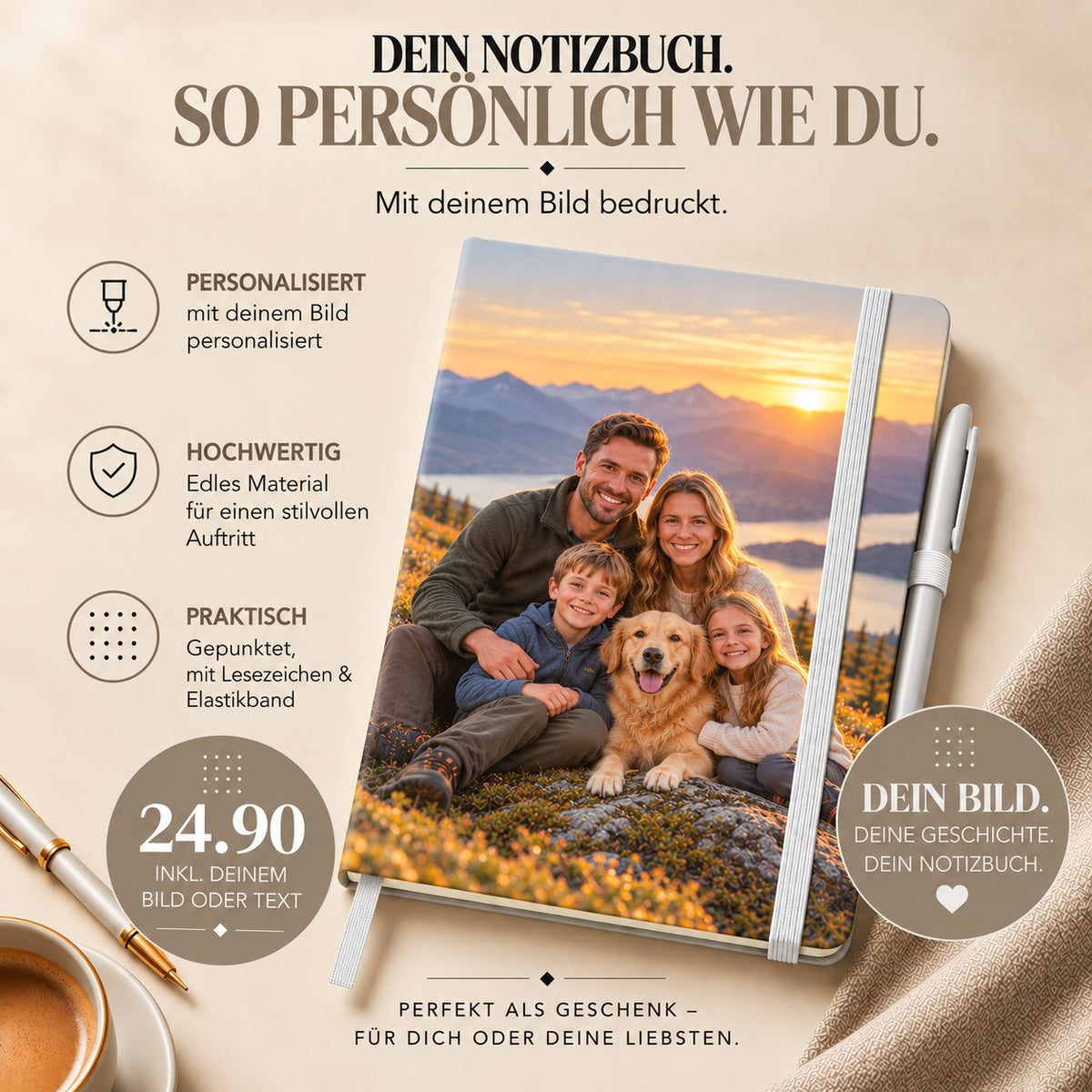 Un carnet A5 personnalisé avec stylo, de couleur beige, personnalisable avec une photo, proposé par Artoz Papier AG, présentant sur la couverture la photo d'une famille et de leur chien, accompagné d'un texte promotionnel en allemand détaillant les options de personnalisation, le prix et les caractéristiques du produit.
