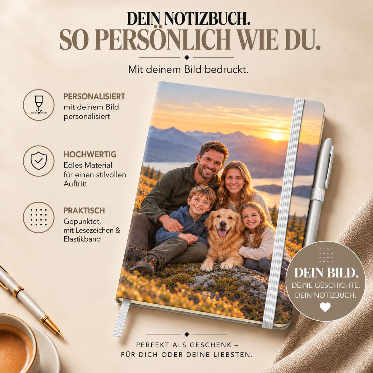 Un carnet A5 personnalisé – Crée ton propre design avec une photo de famille en couverture, mettant en valeur ses matériaux de haute qualité et son design pratique.