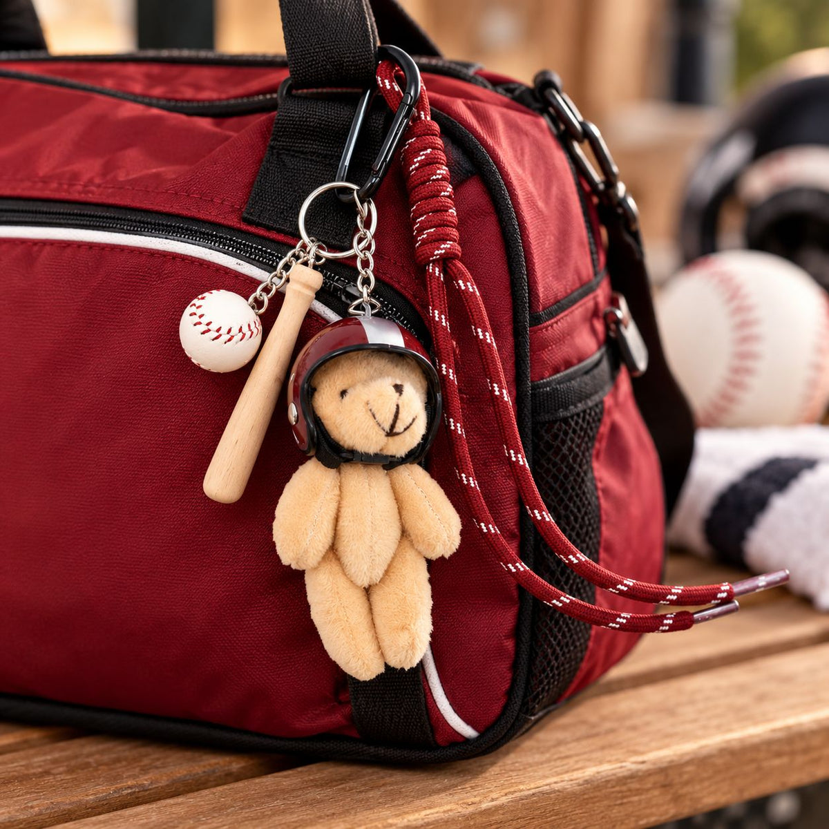Un sac de sport rouge de la marque Artoz Papier AG est posé sur un banc. Un « Teddy Anhänger – Plüschbär mit Baseball », représentant un ours en peluche muni d’un casque de baseball, d’une batte miniature et d’une petite balle de baseball, est suspendu au sac. Une balle de baseball, un gant et une serviette sont visibles à l’arrière-plan.