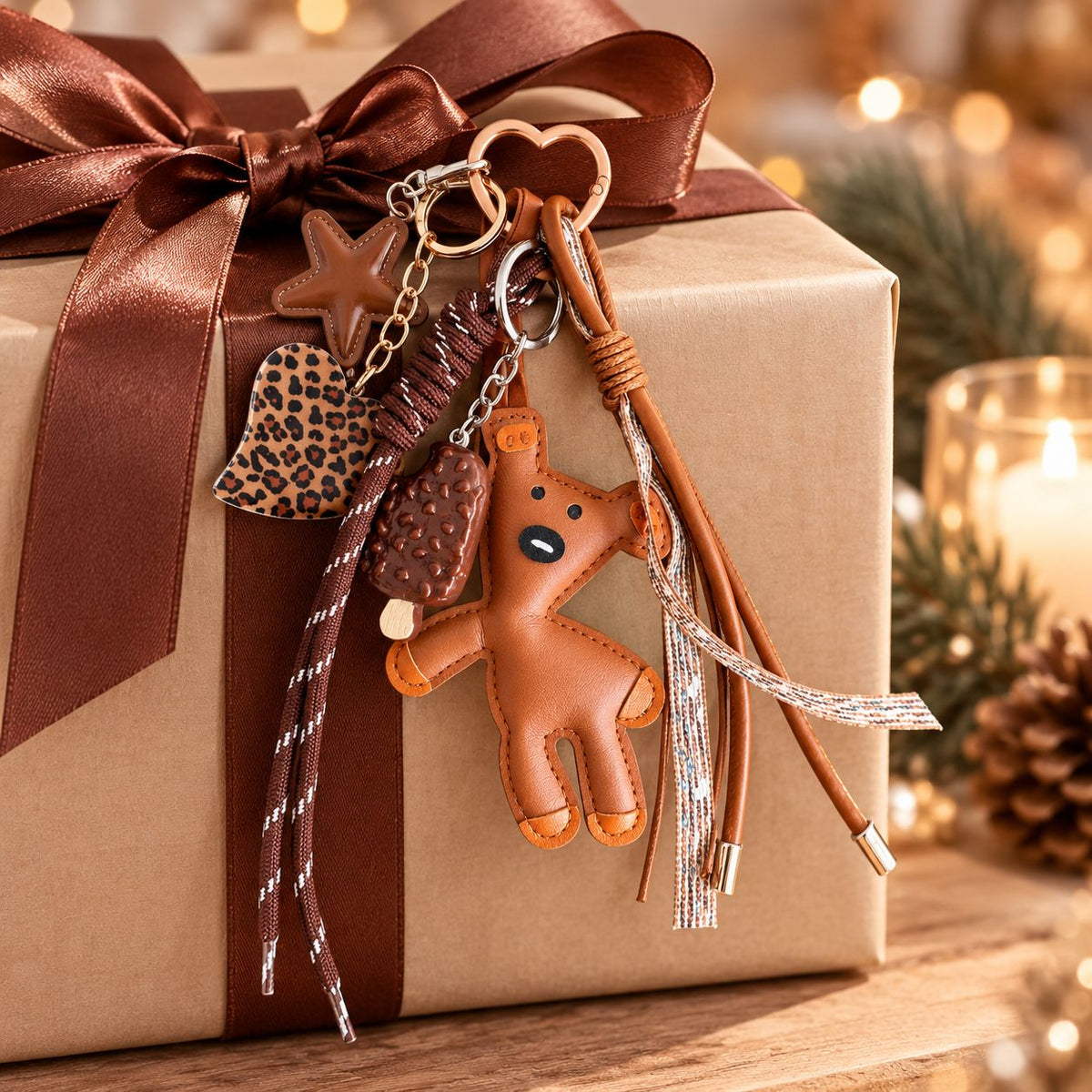 Un cadeau emballé dans du papier kraft et orné d'un nœud en satin est agrémenté de la pendentif « Teddybär aus PU - Lederoptik » d'Artoz Papier AG, représentant un charmant ours au look cuir, un cœur, une étoile, une glace et des pompons ludiques. Des lumières douces et chaleureuses et des pommes de pin se fondent dans l'arrière-plan : une idée cadeau idéale pour quelqu'un de spécial.