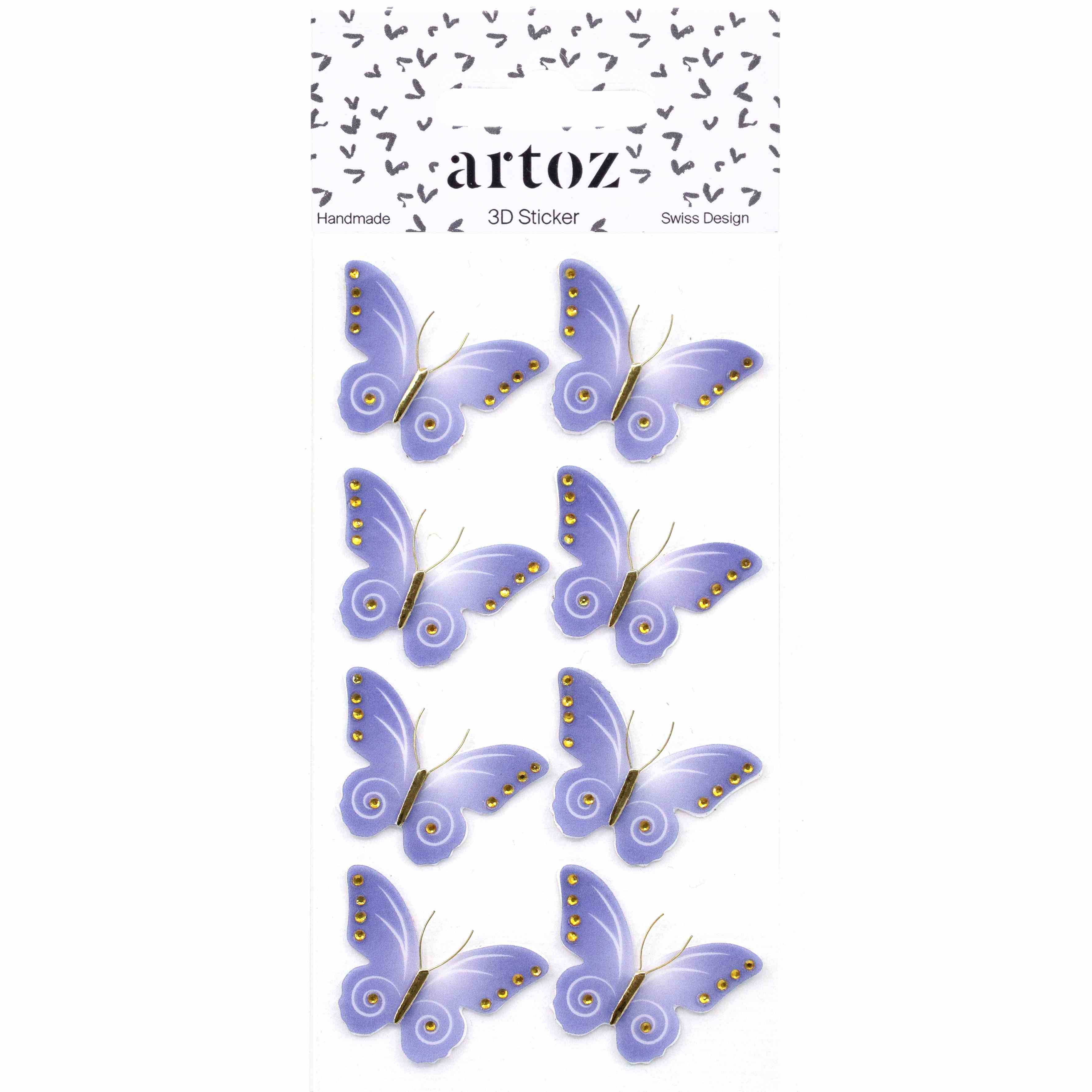 Une feuille de neuf Artoz Papier AG's Artoz 3D Sticker Schmetterling en lilas avec des accents jaunes, disposés 3x3. L'emballage est orné de petits cœurs noirs dans la partie supérieure.