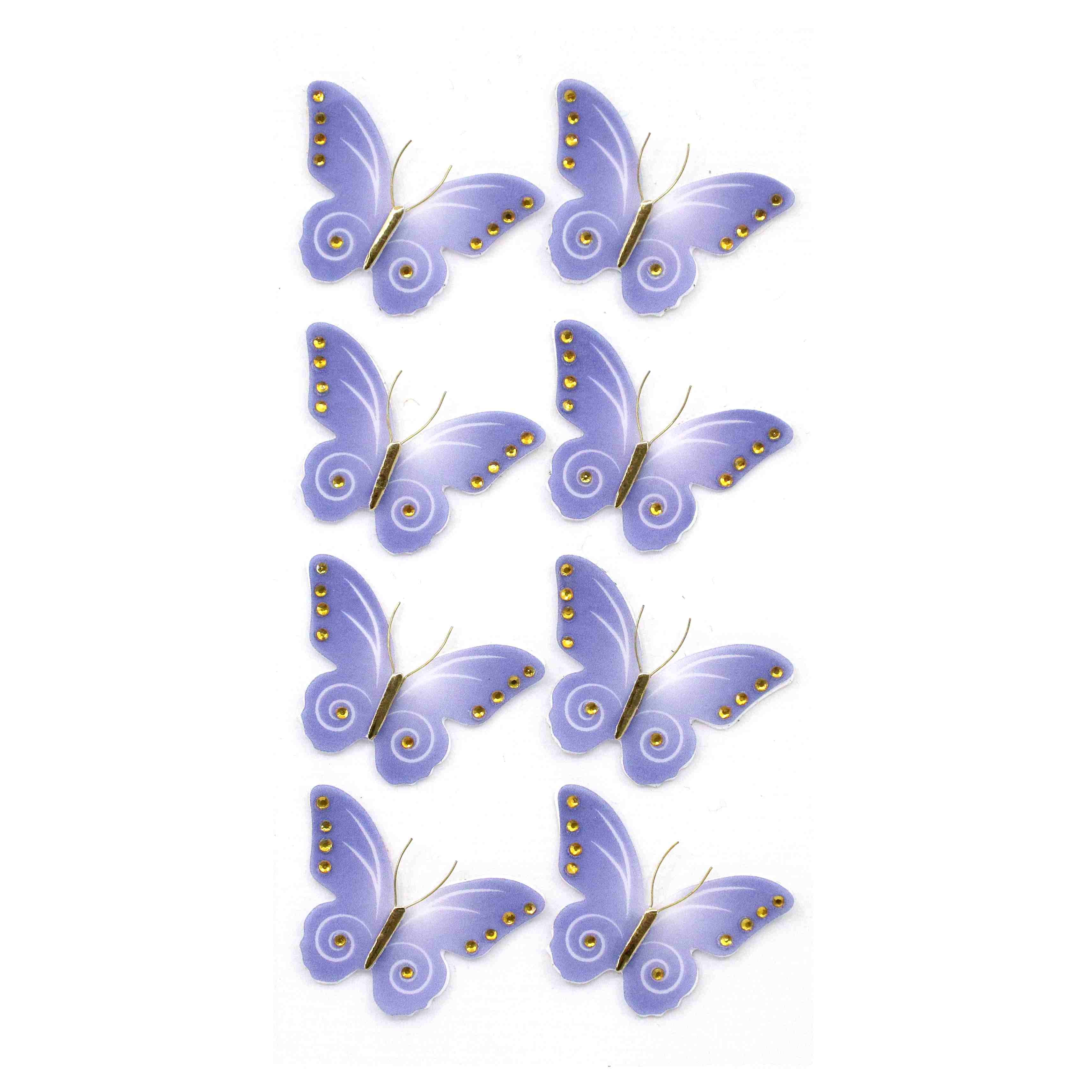 Huit papillons violets avec des taches jaunes sont disposés en deux colonnes verticales sur un fond blanc. L'autocollant Artoz 3D Sticker Schmetterling d'Artoz Papier AG présente un motif stylisé et symétrique fabriqué à la main en Suisse.
