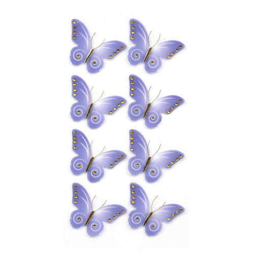 Huit papillons violets avec des taches jaunes sont disposés en deux colonnes verticales sur un fond blanc. L'autocollant Artoz 3D Sticker Schmetterling d'Artoz Papier AG présente un motif stylisé et symétrique fabriqué à la main en Suisse.