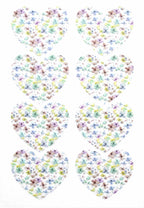 Acht Herzformen in zwei Spalten, gefüllt mit pastellfarbenen Blüten und Blättern auf Weiß - ideal als Artoz Sticker "Herz transparent" der Artoz Papier AG für Ihre Bastelzubehör-Kollektion.
