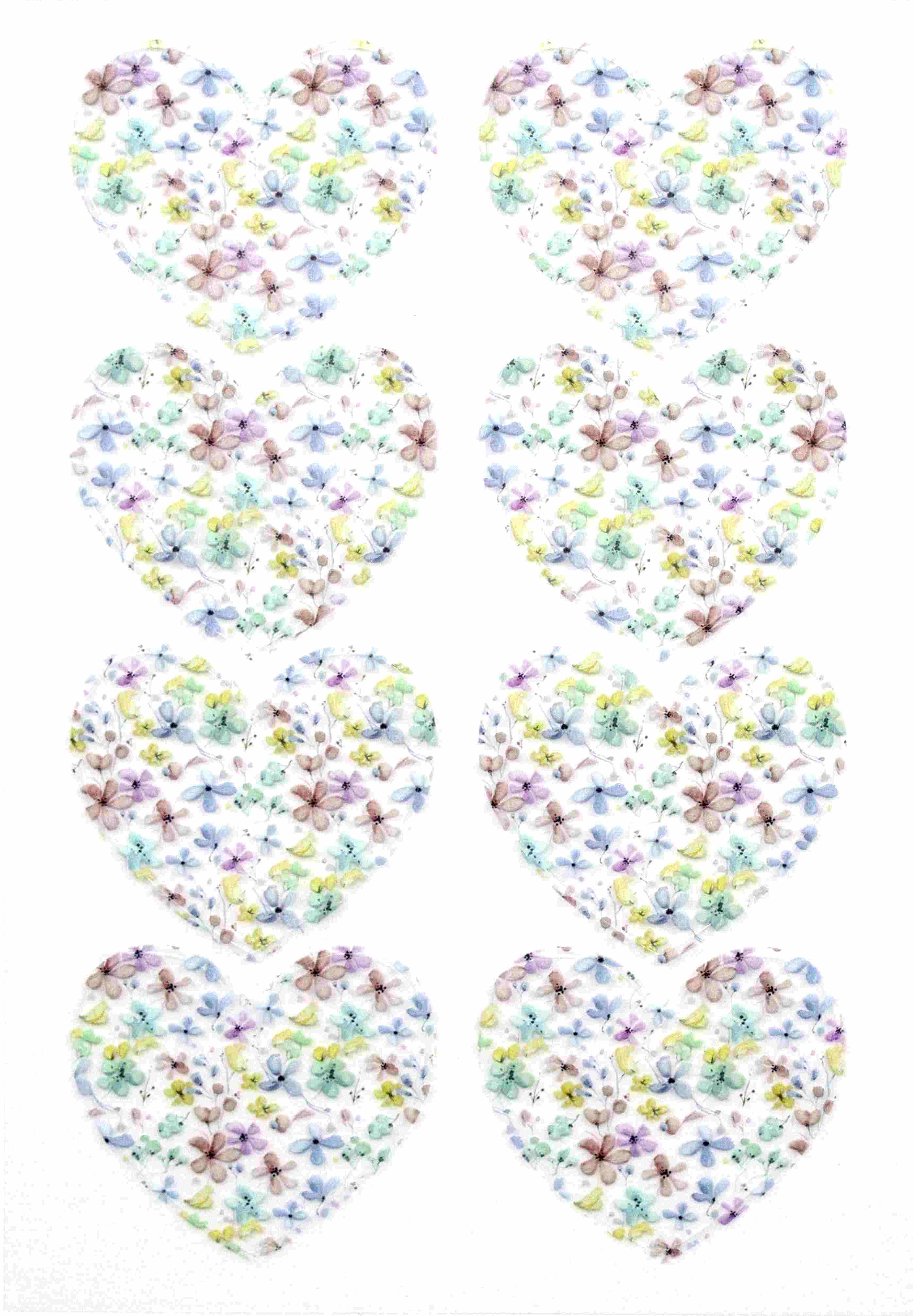 Acht Herzformen in zwei Spalten, gefüllt mit pastellfarbenen Blüten und Blättern auf Weiß - ideal als Artoz Sticker "Herz transparent" der Artoz Papier AG für Ihre Bastelzubehör-Kollektion.