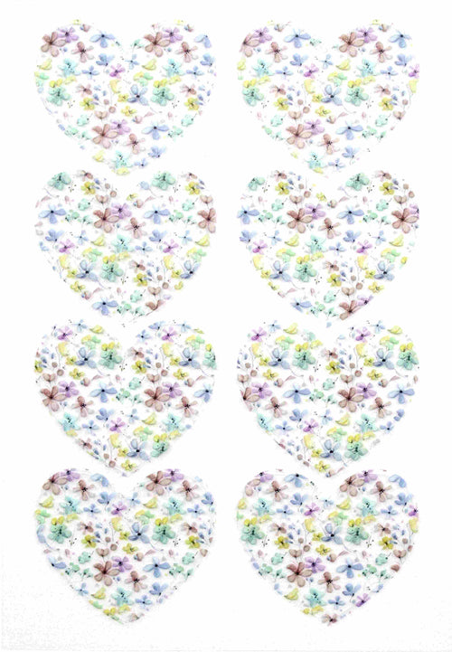 Huit cœurs en deux colonnes, remplis de fleurs et de feuilles pastel sur fond blanc - idéal comme autocollant Artoz "Herz transparent" d'Artoz Papier AG pour votre collection Bastelzubehör.