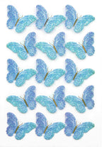 Ein Set von 20 glitzernden blauen und blaugrünen Artoz Sticker "Schmetterling transparent" von Artoz Papier AG, angeordnet in vier Reihen auf weißem Hintergrund - ideales Bastelzubehör für kreative Projekte.