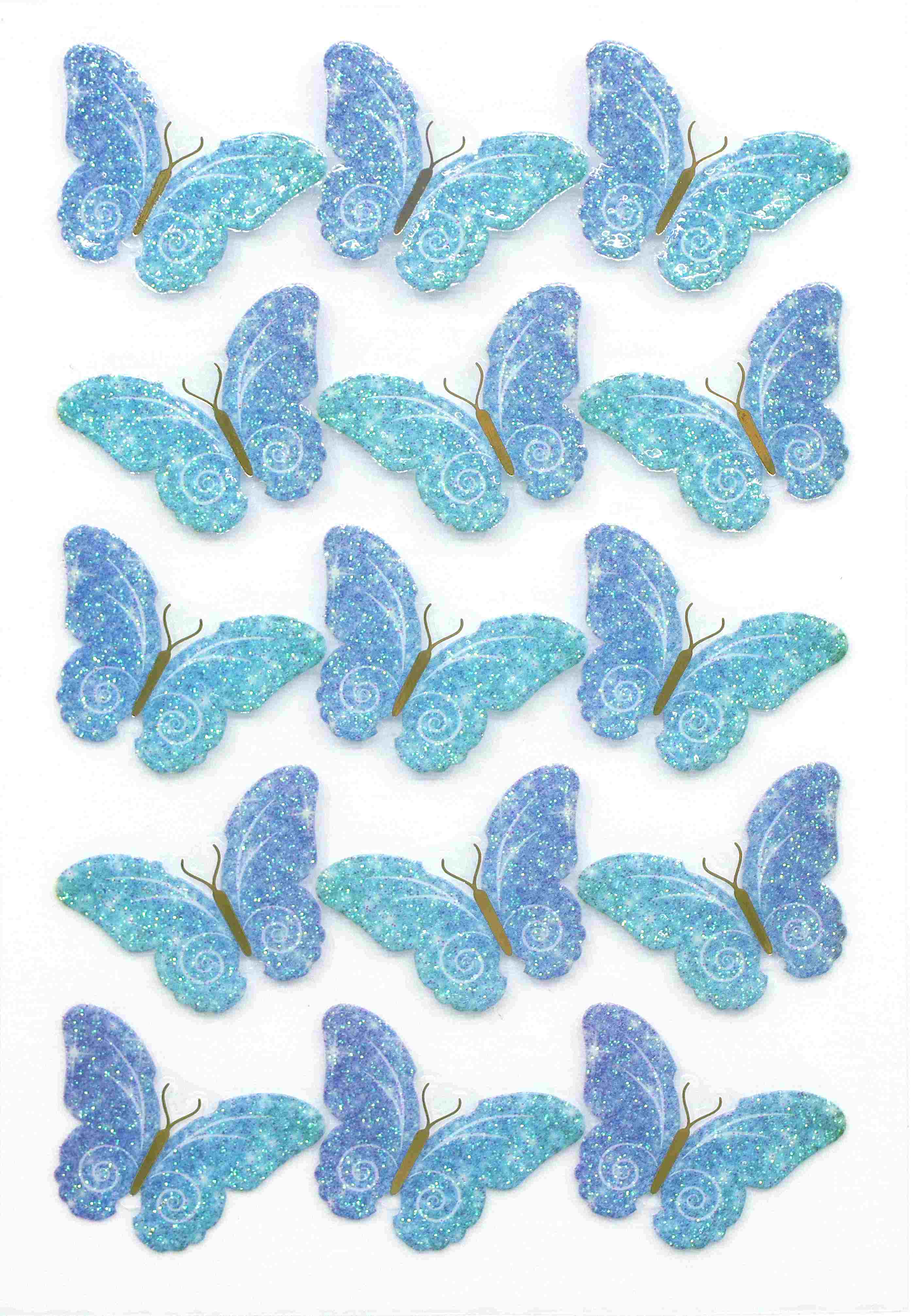 Ein Set von 20 glitzernden blauen und blaugrünen Artoz Sticker "Schmetterling transparent" von Artoz Papier AG, angeordnet in vier Reihen auf weißem Hintergrund - ideales Bastelzubehör für kreative Projekte.