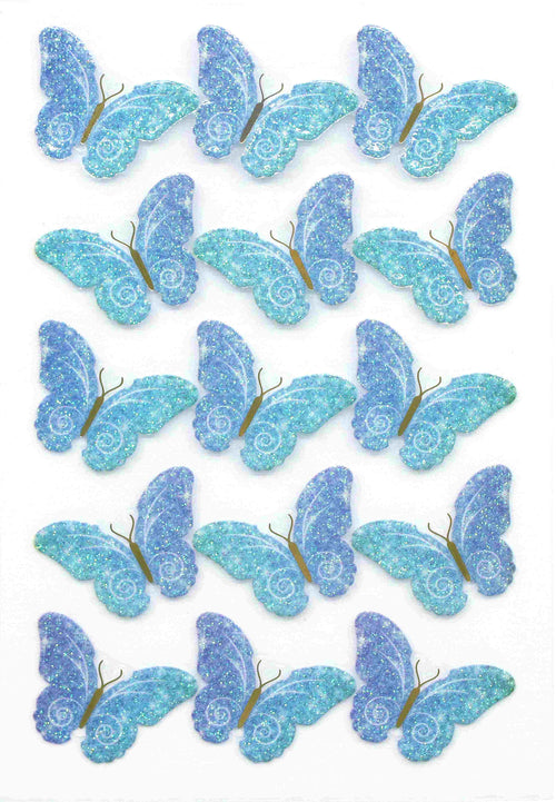 Un lot de 20 autocollants bleu et sarcelle scintillants "Schmetterling transparent" d'Artoz Papier AG, disposés en quatre rangées sur un fond blanc - Bastelzubehör idéal pour les projets créatifs.