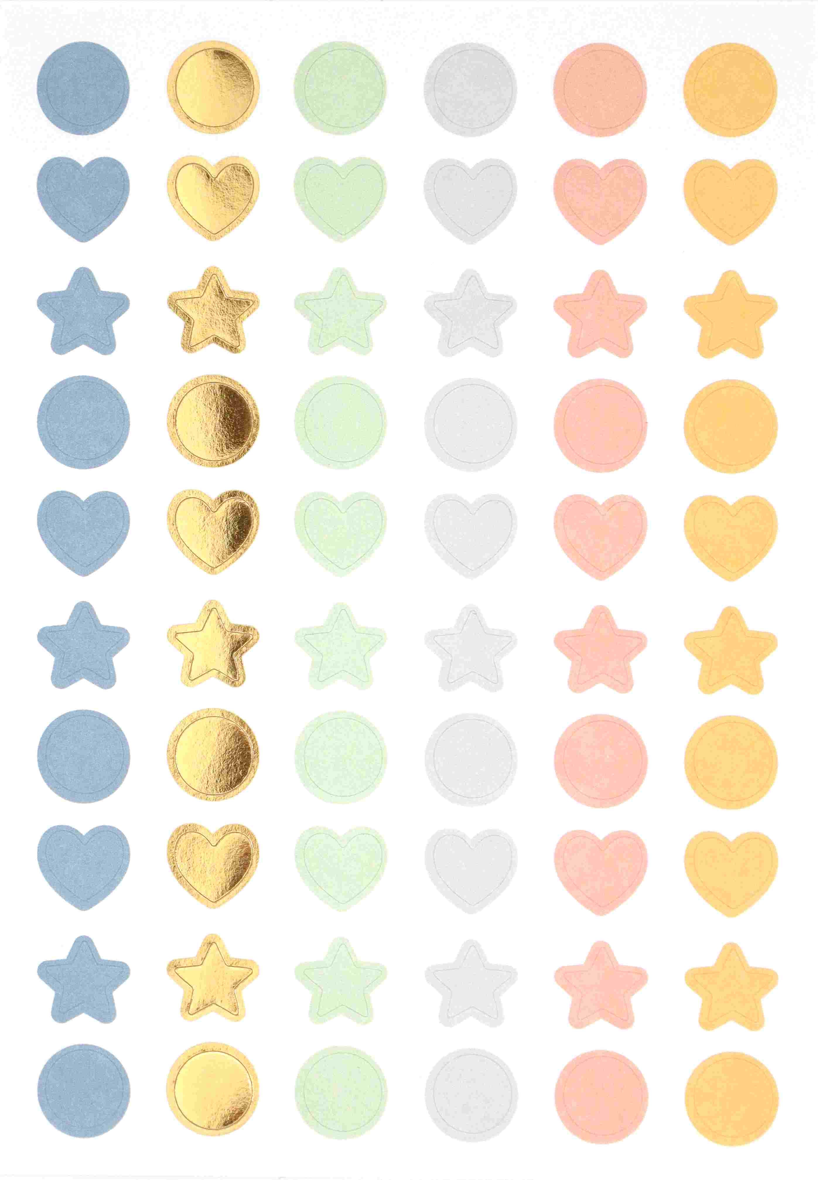 Der Artoz Papier AG Artoz Sticker-Bogen "Mini Icons" zeigt Herzen, Kreise und Sterne in den Farben Blau, Gold, Grün, Weiß und Pfirsich - ideal für Bastelprojekte oder um Ihren Bastelarbeiten einen charmanten Touch zu verleihen.