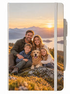 Carnet A5 Artoz Papier AG avec stylo, beige, personnalisable avec une photo représentant une famille et leur golden retriever assis sur un promontoire rocheux au coucher du soleil, avec des montagnes et un lac en arrière-plan.