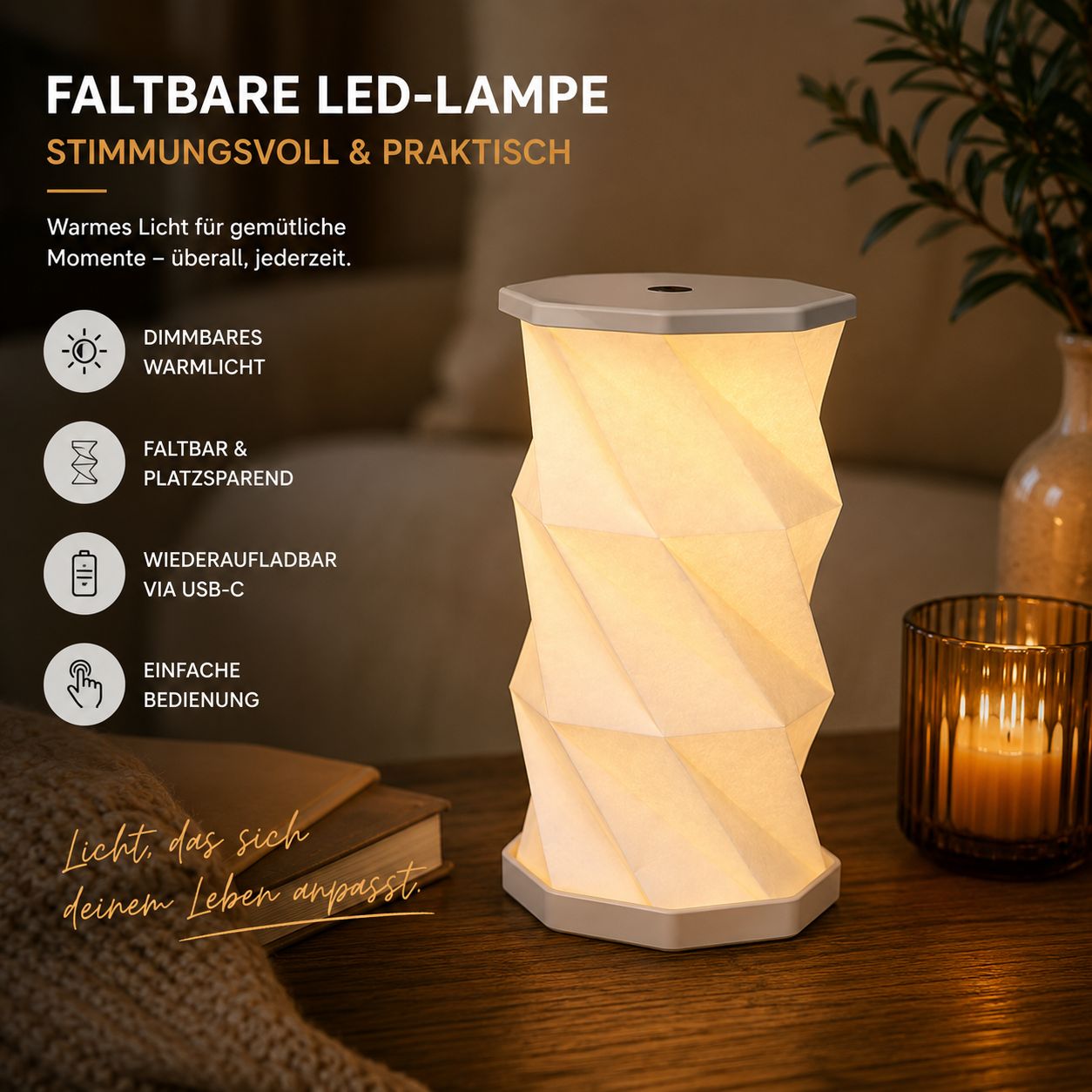 La lampe de table LED pliable Aurora d'Artoz Papier AG, dotée d'une commande tactile, d'un variateur d'intensité et d'un port USB-C, offre une lumière chaleureuse dans un design moderne. Elle est idéale pour un éclairage agréable, pratique et peu encombrant sur n'importe quel bureau.