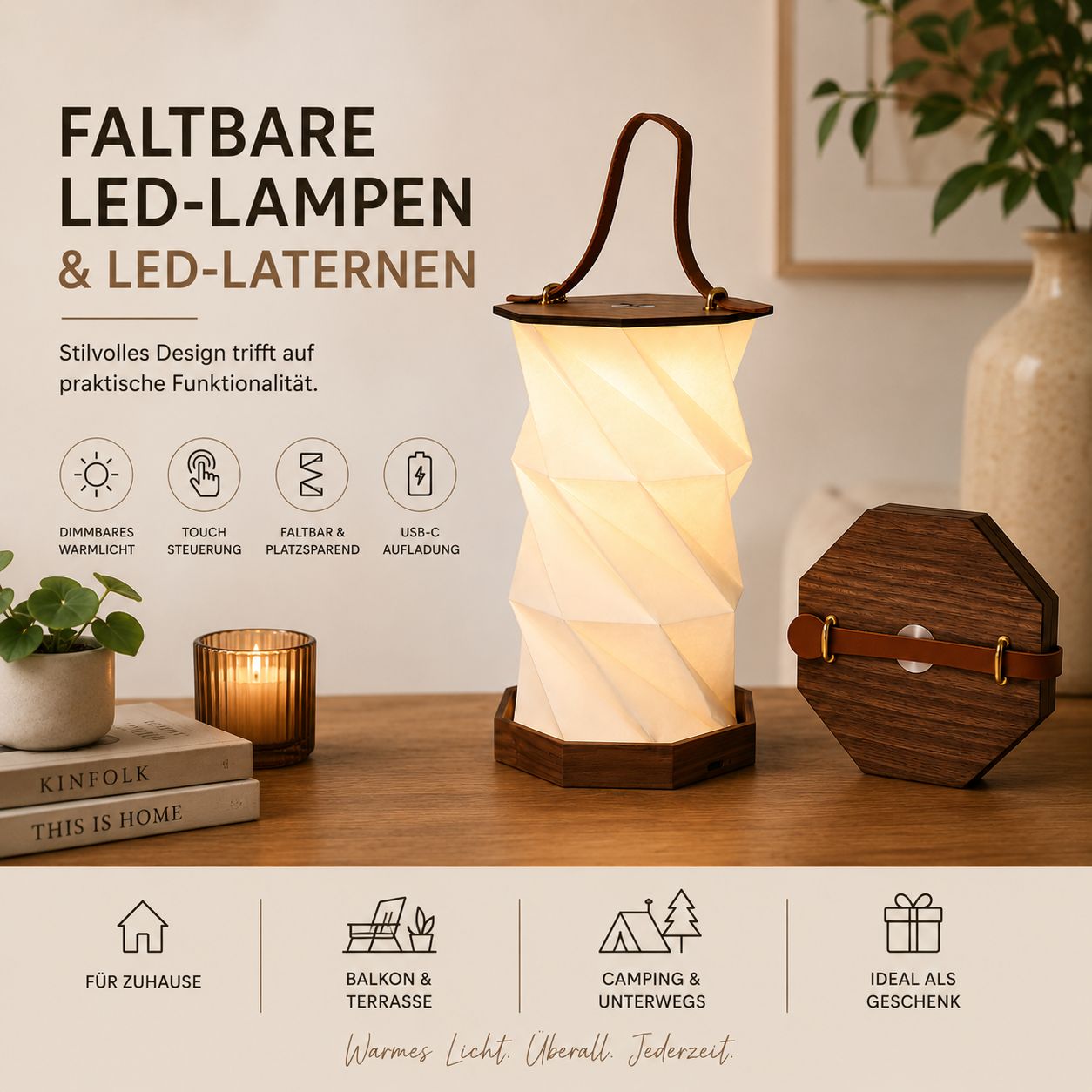 Die faltbare LED-Laterne „Timber“ aus Holz der Artoz Papier AG bietet dimmbares, warmes Licht, Touch-Steuerung, ein platzsparendes Faltdesign und USB-C-Aufladung – praktisch und stilvoll wiederaufladbar.