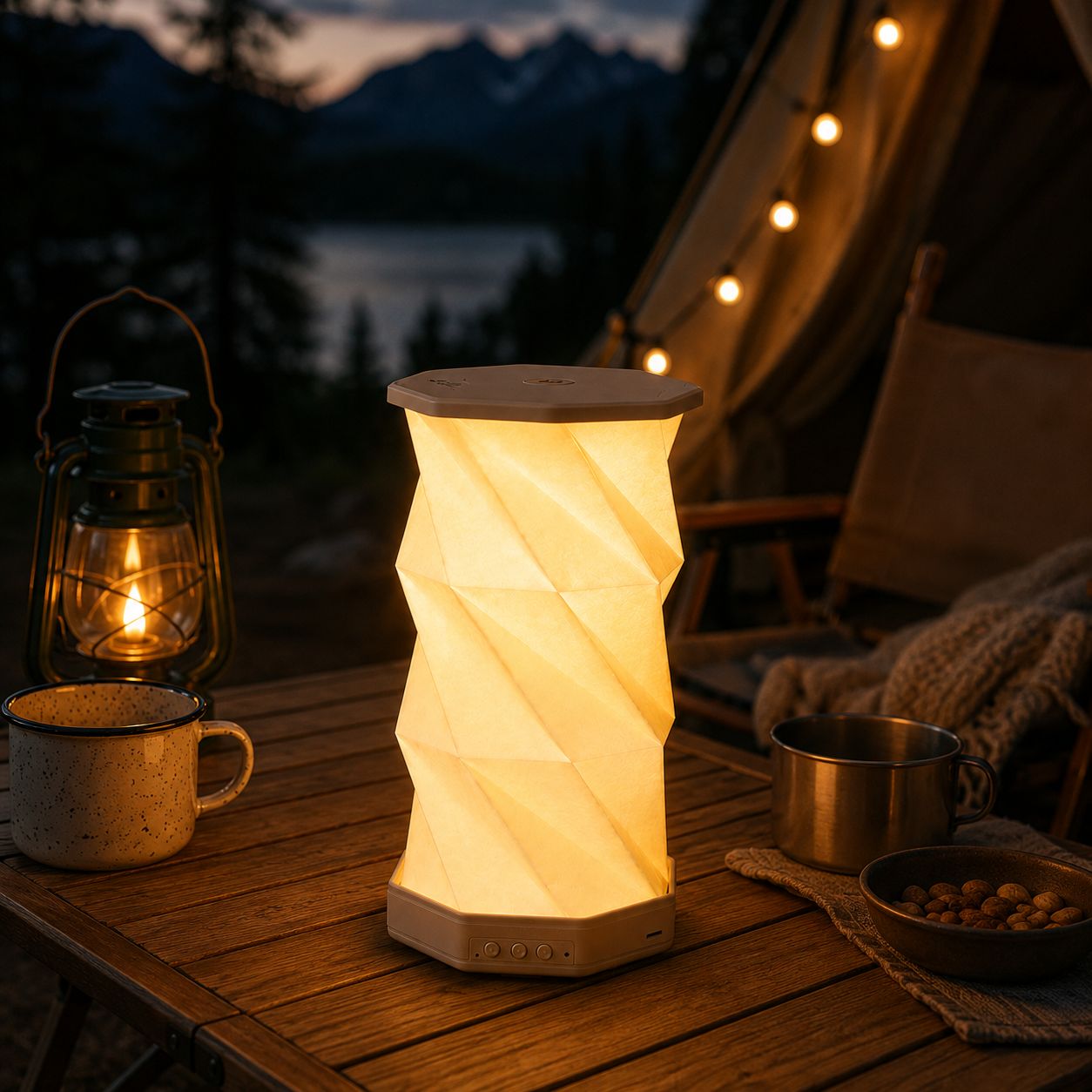 Eine leuchtende faltbare LED-Tischlampe „Sona“ mit Bluetooth-Lautsprecher von Artoz Papier AG steht auf einem Holztisch neben Bechern, Nüssen und einer Vintage-Laterne; dahinter sind ein Zelt, eine Lichterkette und ein See vor einer Bergkulisse in der Dämmerung zu sehen.
