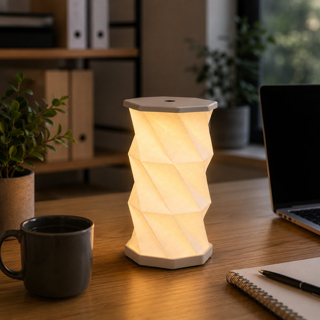 La lampe de table LED pliable « Aurora » d'Artoz Papier AG, dotée d'une commande tactile permettant de régler l'intensité lumineuse et d'un port USB-C, trône sur un bureau en bois dans un style origami moderne, à côté d'une tasse, d'une plante, d'un carnet et d'un ordinateur portable. À l'arrière-plan, on aperçoit des étagères et une fenêtre.