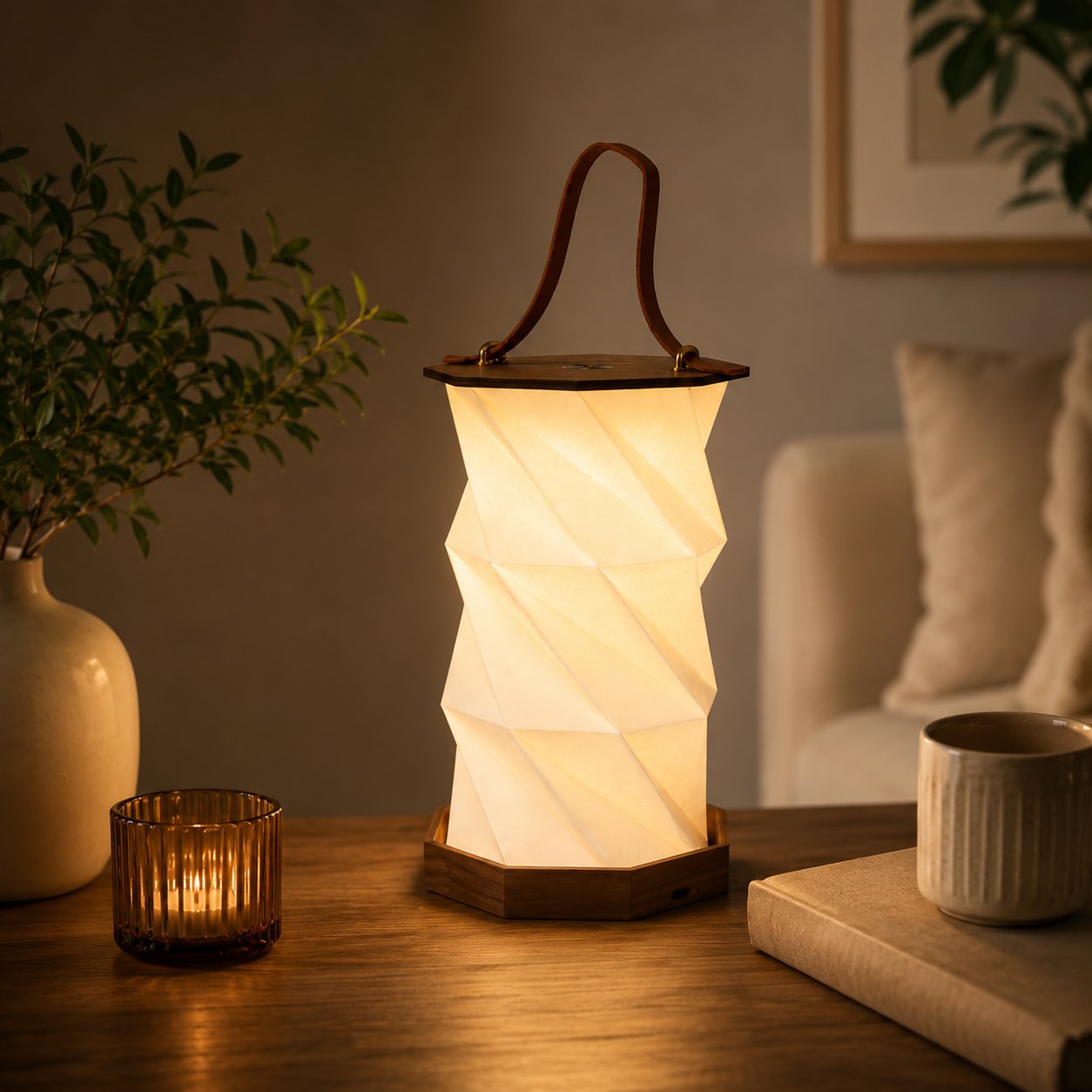 Die faltbare LED-Laterne „Timber“ aus Holz von Artoz Papier AG mit dimmbarem, warmweißem Licht und Ledergriff sorgt auf dem Tisch neben Kerze, Tasse, Buch und Pflanze für eine gemütliche Atmosphäre.