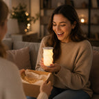 Assise sur un canapé, une femme rayonne de joie en tenant dans ses mains la lampe de table LED pliable « Minora » d’Artoz Papier AG, dotée d’une lumière blanche chaude à intensité réglable, d’une commande tactile et d’un port USB-C, tandis que quelqu’un lui tend un coffret cadeau ouvert dans une pièce baignée d’une lumière chaleureuse.
