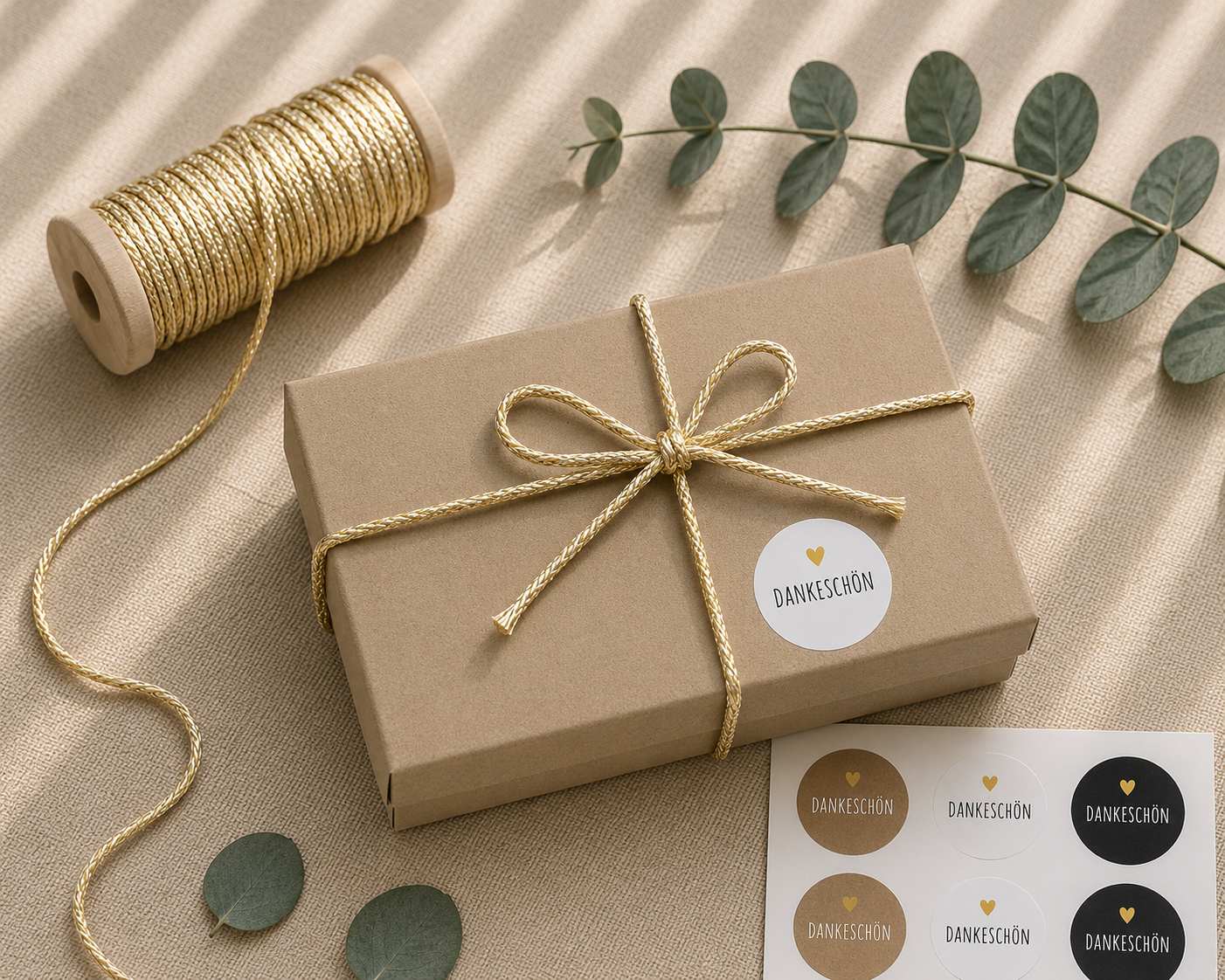 Eine braune Geschenkbox „Pure S“ der Artoz Papier AG in rechteckiger Form, erhältlich in verschiedenen Farben, steht auf einer beigen Unterlage neben Eukalyptusblättern. Diese nachhaltige Geschenkverpackung aus stabilem Buchkarton ist elegant mit einem „DANKESCHÖN“-Aufkleber verziert. Eine Spule mit goldener Schnur und zusätzliche „DANKESCHÖN“-Aufkleber ergänzen die Schachtel und unterstreichen die raffinierte Präsentation.