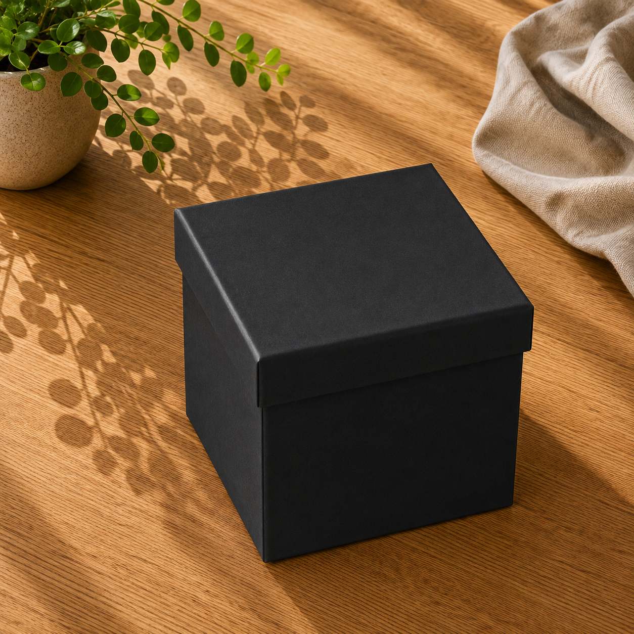 Eine ungeöffnete, mattschwarze Geschenkbox „Pure“ der Artoz Papier AG in Größe L (verschiedene Farben) steht auf einer Holzunterlage neben einer üppig blühenden Topfpflanze und einem beigen Tuch, während das Sonnenlicht Schatten über die Szene wirft.