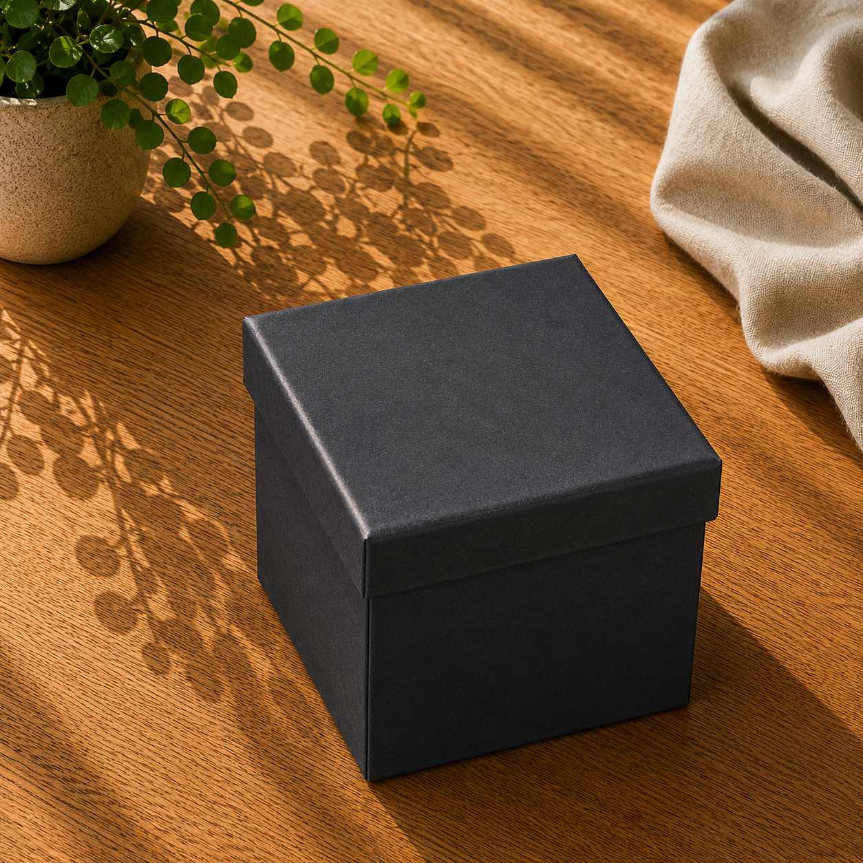 Eine Geschenkbox „Pure“ der Artoz Papier AG in Größe L (schwarz) aus der Kollektion „Größe L, verschiedene Farben“ steht verschlossen auf einem Holztisch, auf den Sonnenlicht und Pflanzen Schatten werfen. Im Hintergrund sind teilweise eine beige Stoffdecke und eine Topfpflanze zu sehen.