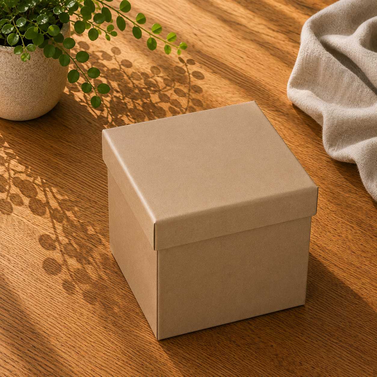 Auf einem Holztisch steht eine geschlossene Geschenkbox „Pure“ in Größe L in schlichtem Braun von Artoz Papier AG, während Sonnenlicht in der Nähe blättrige Schatten wirft. Im Hintergrund sind teilweise eine grüne Topfpflanze und ein zartbeiges Tuch zu sehen.