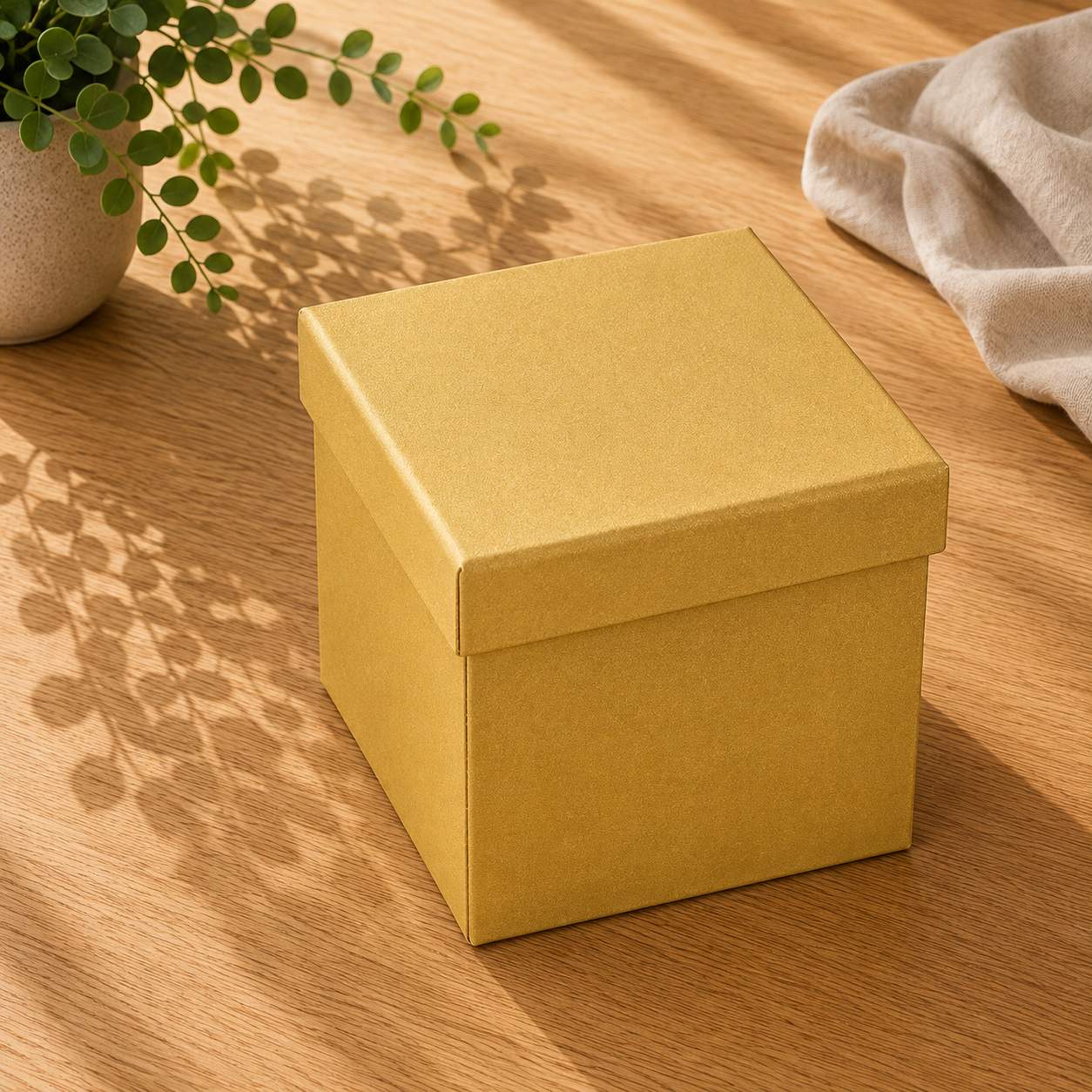 Eine geschlossene, quadratische, gelbe Geschenkbox „Pure“ in Größe L von Artoz Papier AG steht auf einer Holzfläche, wobei das Sonnenlicht Schatten von den nahegelegenen Pflanzen und Stoffen wirft.