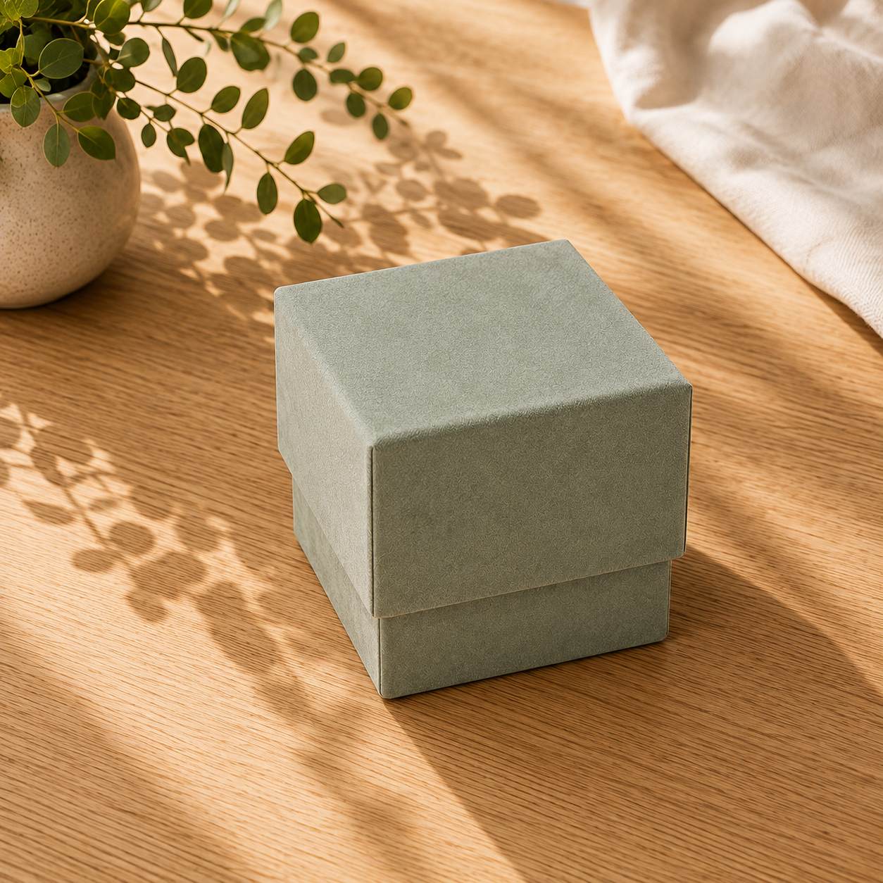 Eine geschlossene, hellgrüne Geschenkbox „Pure“ in Größe L von Artoz Papier AG steht auf einer Holzunterlage neben einer Topfpflanze, wobei sanftes Tageslicht und Blattschatten eine ruhige Atmosphäre schaffen.